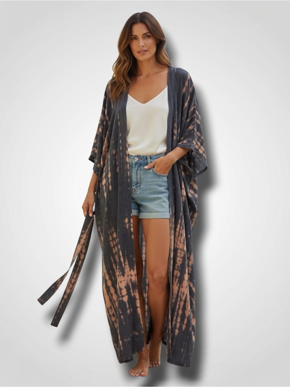 Dusty Gray & Peach Tie Dye Long Duster Maxi Kimono M-2X NWT